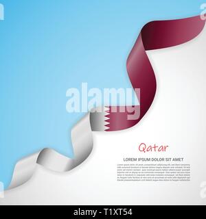 Vector banner in white and blue colors and waving ribbon with flag of Qatar. Template for poster design, brochures, printed materials, logos Stock Vector