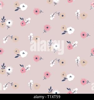 Simple meadow florals tender colors seamless vector pattern. Small buds floral fabric textile print background. Stock Vector