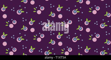 Seamless vector pattern with blueberries on purple background. Small blue berries floral fabric textile print background. Stock Vector