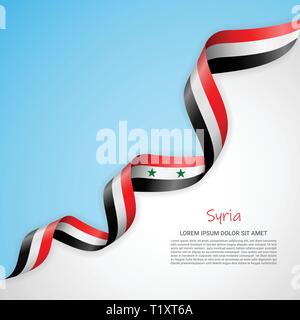 Vector banner in white and blue colors and waving ribbon with flag of Syria. Template for poster design, brochures, printed materials, logos Stock Vector