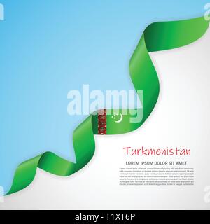 Vector banner in white and blue colors and waving ribbon with flag of Turkmenistan. Template for poster design, brochures, printed materials, logos Stock Vector