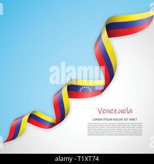 Vector banner in white and blue colors and waving ribbon with flag of Venezuela. Template for poster design, brochures, printed materials, logos Stock Vector