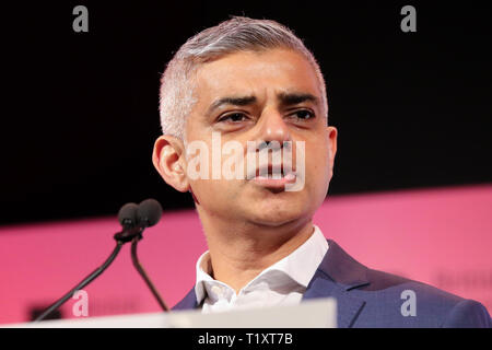 Sadie Khan, Mayor of London is seen speaking during the Annual Conference. British Chambers of Commerce Annual Conference brings together the UK Chamber Network including business decision-makers, policy makers and the Chamber network aiming to emphasise the positive role that companies play in stabilising the British economy in a time of Brexit, uncertainty and change. Stock Photo