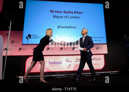 Sadie Khan, Mayor of London is seen being welcomed during the Annual Conference. British Chambers of Commerce Annual Conference brings together the UK Chamber Network including business decision-makers, policy makers and the Chamber network aiming to emphasise the positive role that companies play in stabilising the British economy in a time of Brexit, uncertainty and change. Stock Photo