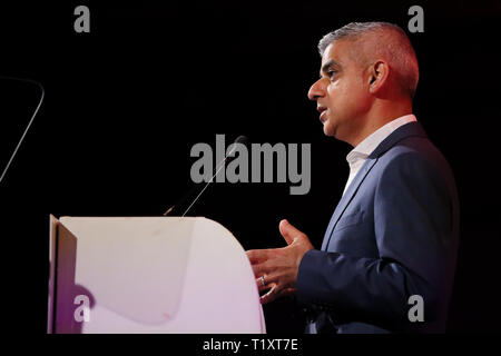 Sadie Khan, Mayor of London is seen speaking during the Annual Conference. British Chambers of Commerce Annual Conference brings together the UK Chamber Network including business decision-makers, policy makers and the Chamber network aiming to emphasise the positive role that companies play in stabilising the British economy in a time of Brexit, uncertainty and change. Stock Photo