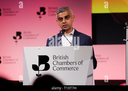 Sadie Khan, Mayor of London is seen speaking during the Annual Conference. British Chambers of Commerce Annual Conference brings together the UK Chamber Network including business decision-makers, policy makers and the Chamber network aiming to emphasise the positive role that companies play in stabilising the British economy in a time of Brexit, uncertainty and change. Stock Photo