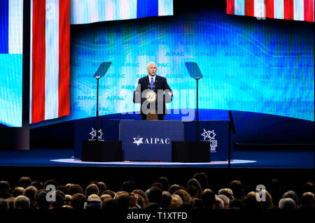 Mike Pence, Vice President, United States of America seen speaking during the American Israel Public Affairs Committee (AIPAC) Policy Conference in Washington, DC. Stock Photo