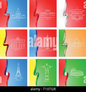 Flags and sights of different countries icons in set collection for design. Famous building vector symbol web illustration with flags. Usa, China Stock Vector
