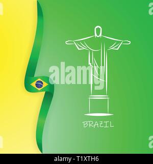 Flag of Brazil, Federative Republic of Brazil. Statue of Christ the Redeemer, Rio de Janeiro. Bright, colorful vector illustration Stock Vector