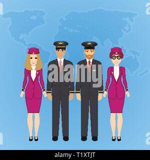 Vector illustration of pilot and stewardess in formal clothes on blue background with a map of the world. Stock Vector