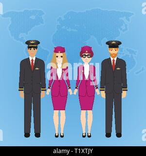 Group of flat cute cartoon people of aircraft characters in air uniform. Set of people aviation professions, pilot, captain and airline staff. Vector Stock Vector