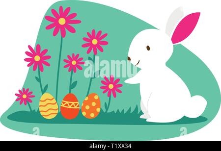 Easter bunny and Easter eggs on green grass. cartoon illustration of cute white rabbit preparing easter eggs. Row of Easter eggs in Fresh Green Grass Stock Vector