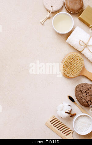Organic body care and natural personal care products on the light beige table, top view composition Stock Photo