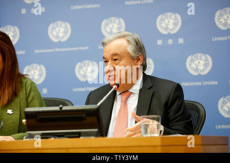 United Nations, UN headquarters in New York. 28th Mar, 2019. United Nations Secretary-General Antonio Guterres speaks at the news conference for the launch of an annual report of the World Meteorological Organization (WMO), at the UN headquarters in New York, on March 28, 2019. The WMO Statement on the State of the Global Climate 2018 states that 2018 was the fourth warmest year on record and that 2015-2018 were the four warmest years on record. Credit: Li Muzi/Xinhua/Alamy Live News Stock Photo