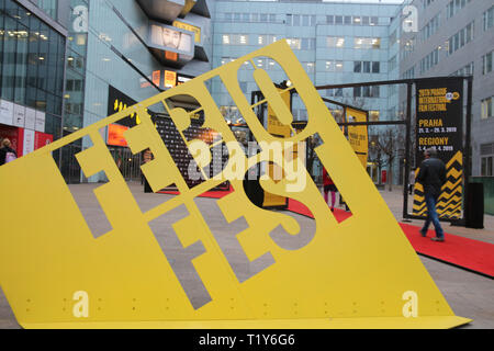 Prague, Czech Republic. 28th Mar, 2019. Sign board of the 26th Prague International Film Festival is seen in Prague, the Czech Republic, March 28, 2019. The closing ceremony of the film festival was held here Thursday night. Credit: Dana Kesnerova/Xinhua/Alamy Live News Stock Photo