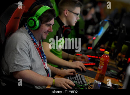 Vienna, Austria. 28th Mar, 2019. People play games during the 2019 Austrian electronic sports festival in Vienna, Austria, March 28, 2019. The 3-day festival opened on Thursday. Credit: Guo Chen/Xinhua/Alamy Live News Stock Photo