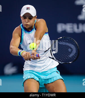 Miami Gardens, Florida, USA. 28th Mar, 2019. Ashleigh Barty, of Australia, returns a shot to Anett Kontaveit during a semifinal match at the 2019 Miami Open Presented by Itau professional tennis tournament, played at the Hardrock Stadium in Miami Gardens, Florida, USA. Barty won 6-3, 6-3. Mario Houben/CSM/Alamy Live News Stock Photo