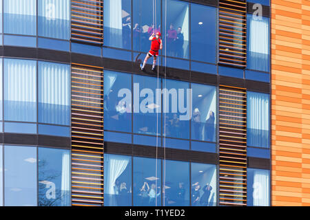 Bournemouth, Dorset, UK. 29th Mar, 2019. Staff working for telecommunications provider 4Com abseil down their new office building at One Lansdowne Plaza in Bournemouth which is 100ft high. They are raising funds for Hope Housing and Hope AOK Rucksack Appeal who provide support to homeless in Bournemouth. A lovely warm sunny day for the descent! Man abseils down while friends and colleagues look out. Credit: Carolyn Jenkins/Alamy Live News Stock Photo