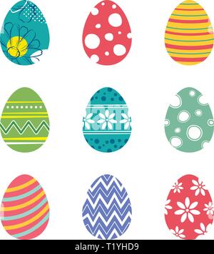 Set of easter eggs isolated in white background. Vector modern new design with different colors and patterns. Stock Vector