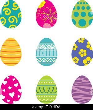 Set of easter eggs isolated in white background. Vector modern new design with different colors and patterns. Stock Vector