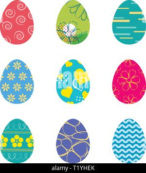 Set of easter eggs isolated in white background. Vector modern new design with different colors and patterns. Stock Vector