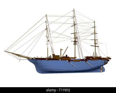 Polygonal sailing ship isolated on white background. 3D. Side view. Vector illustration Stock Vector