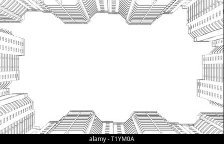 Wireframe of high-rise buildings. Contour of buildings from black lines on a white background. Bottom view. Vector illustration Stock Vector