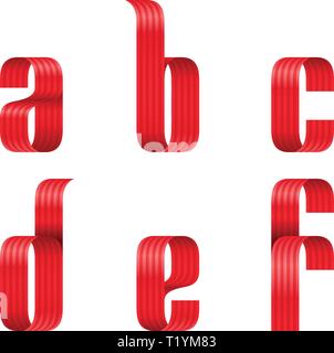 a, b, c, d, e, f lowercase letters font from a red ribbon with strip and smooth curves and shadows Stock Vector