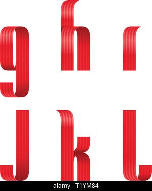g, h, i, j, k, l lowercase letters font from a red ribbon with strip and smooth curves and shadows Stock Vector