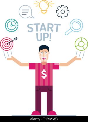 the young business man character in colorful stroke tees and print dollar symbol with his hands up. star up Icons are arranged in a semicircle above t