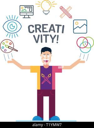 the art man character in colorful stroke tees and print with his hands up. paint, drawing or creativity Icons are arranged in a semicircle above the h Stock Vector