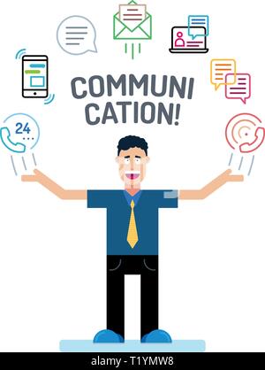 a business man character in blue tees and tie with his hands up. communication Icons are arranged in a semicircle above the head Stock Vector