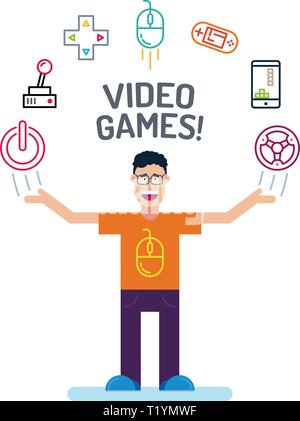 a geek man character in orange tees and glass with his hands up. video game Icons are arranged in a semicircle above the head Stock Vector