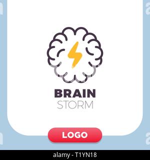 Brain Logo with thunderbolt vector design layout. Creative idea symbol concept. Unique brainstorm power icon template. Stock Vector