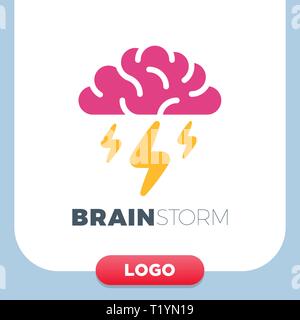 Brain Logo with thunderbolt vector design layout. Creative idea symbol concept. Unique brainstorm power icon template. Stock Vector