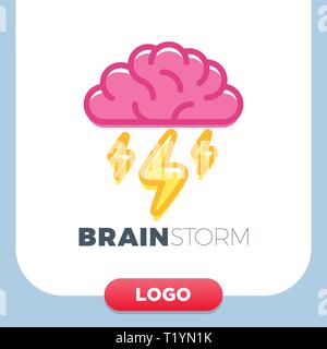 Brain Logo with thunderbolt vector design layout. Creative idea symbol concept. Unique brainstorm power icon template. Stock Vector