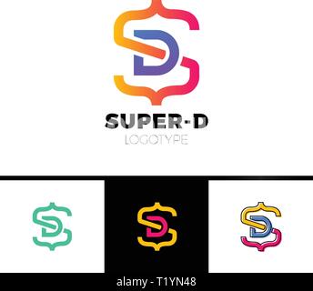 letter S and D monogram square shape logo with code brackets Stock Vector