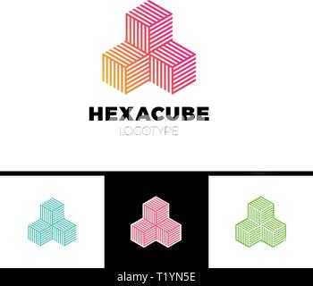 hexagon cube 3d sector group logo, package box arrow logotype. Stock Vector