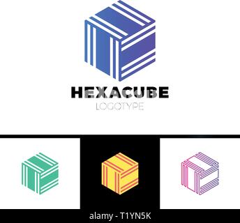 hexagon cube 3d sector group logo, package box arrow logotype. Stock Vector