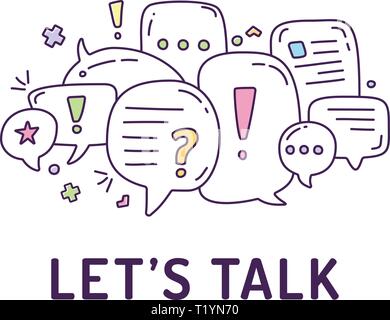 Vector illustration of colorful dialog speech bubbles with icons and text let's talk on white background. Safety communication technology concept. Thi Stock Vector