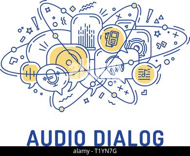 Illustration from audio or music icons in chat bubbles with three orbital ovals Stock Vector