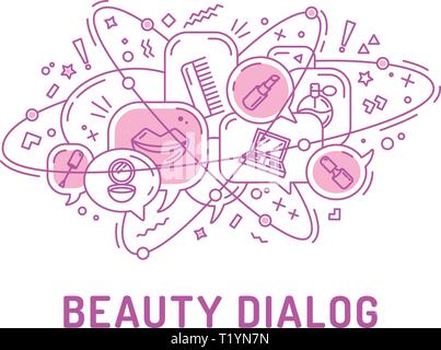 Illustration from beauty icons in chat bubbles with three orbital ovals Stock Vector