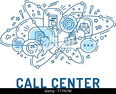 Illustration from communication or call center icons in chat bubbles with three orbital ovals Stock Vector