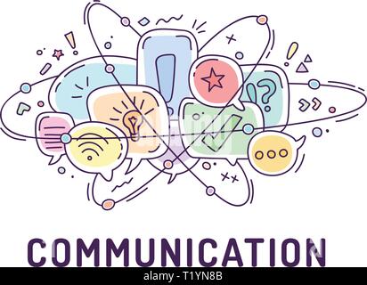 Illustration from communication icons in chat bubbles with three orbital ovals Stock Vector