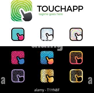 Touch Fingerprint App Logo. Circle Watch Colorful Logotype set. pink, blue, orange, gold color style Stock Vector