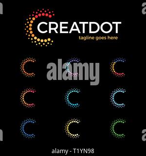 Clever, Creative, Dots, Point, Colorful, Letter C, Smart and Idea logo set. Letter C logotype. Orange, blue, green, gold, pink color Stock Vector