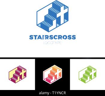 Christian logo with stairs and cross in simple line style Stock Vector