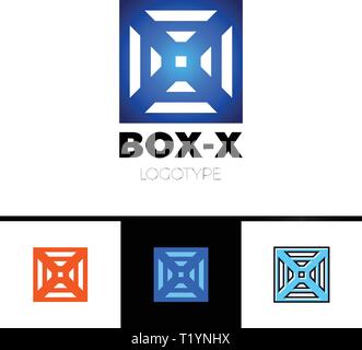 Linear letter X logo monogram in box or cube. Simple sport logotype symbol. Blue gradient and black outline color Stock Vector