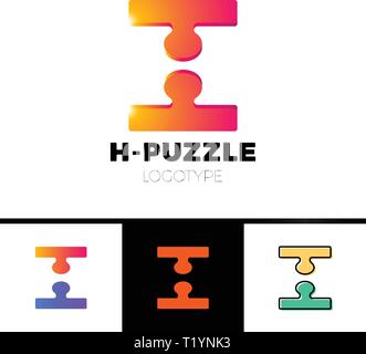 3d H letter logo icon template in negative space in two piece of puzzle. Simple Technology, network, digital, company logotype Vector Illustration set Stock Vector