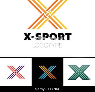 Linear letter X logo monogram. Simple sport logotype symbol. three orange and yellow color lines, black outline and gradient style. Stock Vector